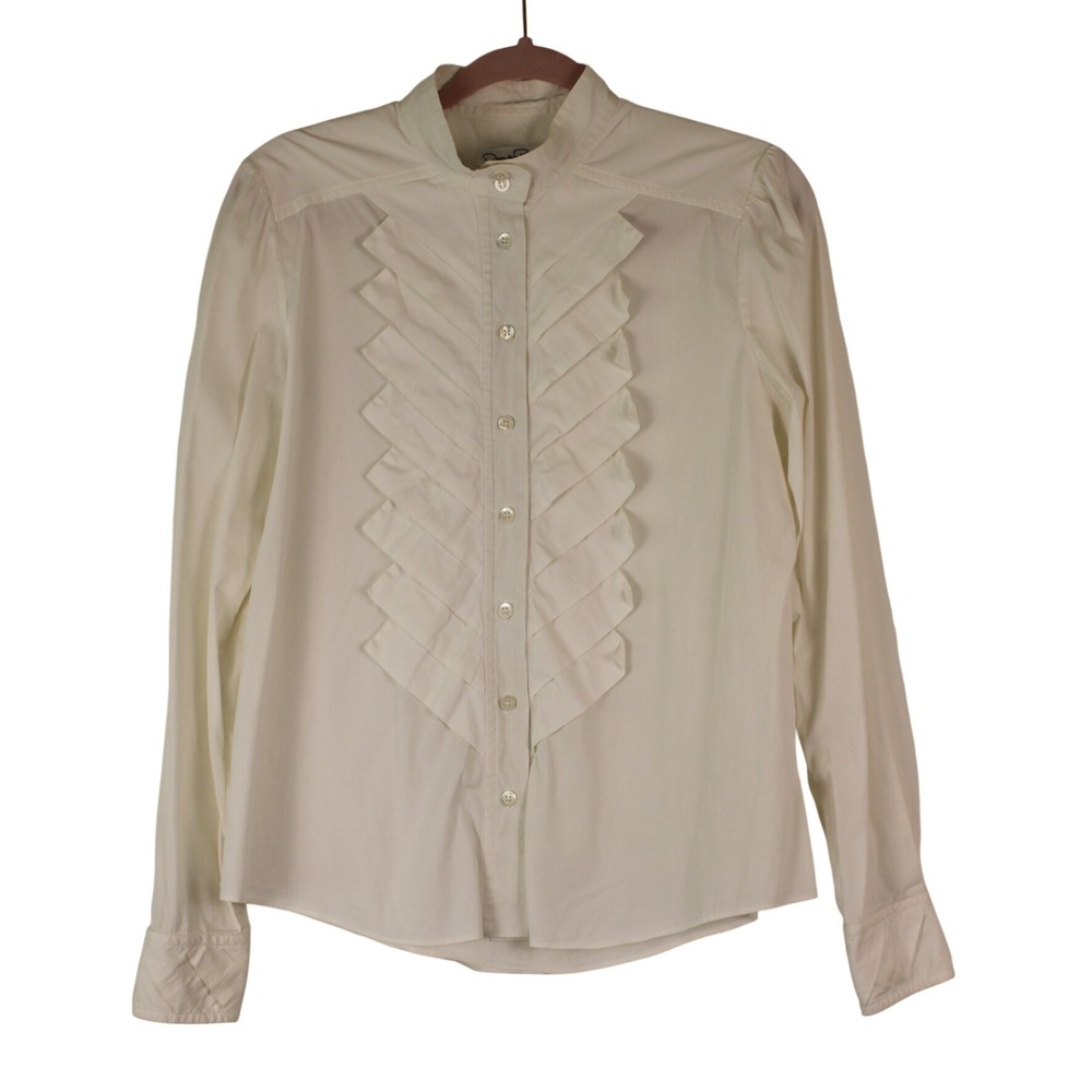 Oscar de la Renta Coquette Regencycore White Ruffle Front Button Up Blouse 6